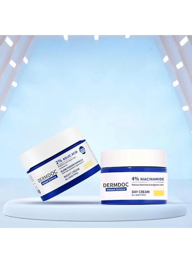 DERMDOC Ultimate Skin Brightening 4% Niacinamide Face Day Cream (50 gm) for Glowing Skin & Improved Texture + 2% Kojic Acid Night Cream (50 gm) with Niacinamide & Alpha Arbutin for Dark Spot Reduction, Anti-Aging, and Even-Toned Radiance – Pack of Two - Image 1